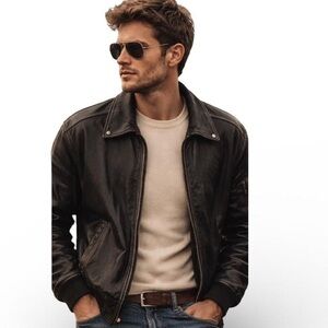 Roundtree & Yorke Leather Bomber Jacket Black Moto Classic Mens Small